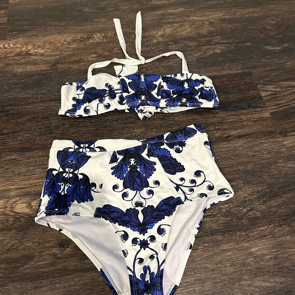 White & Blue Floral High-Waist Girls' Swim Set